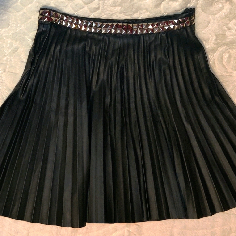Black Faux Leather Studded & Pleated Skirt